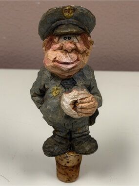 Hand-Carved Police Officer Holding & Eating Donut Bottle Stopper Cop Wine Cork